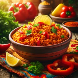 A vibrant plate of Jollof rice, beautifully garnished, ready to be served.